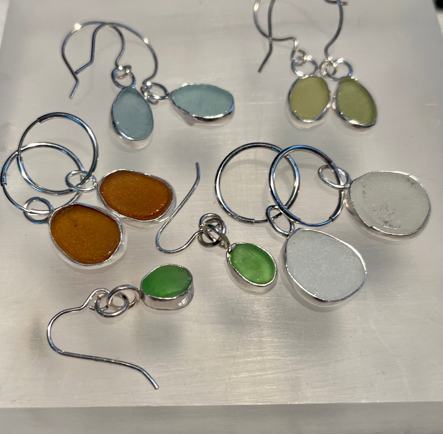 Emerald green sea glass drop earrings