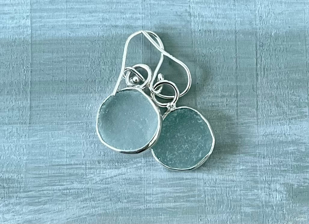 Pale grey sea glass drop earrings