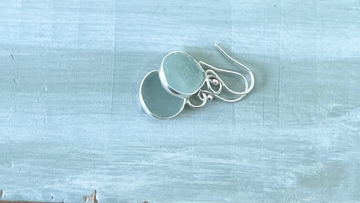 Pale grey sea glass drop earrings