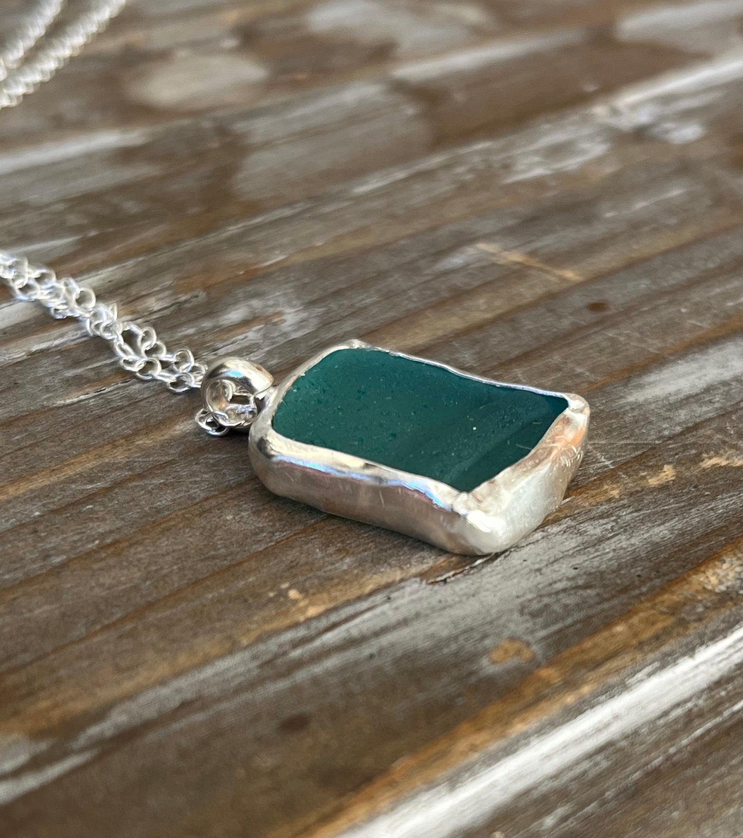 Coastal Collection - Large teal blue sea glass pendant in recycled silver.