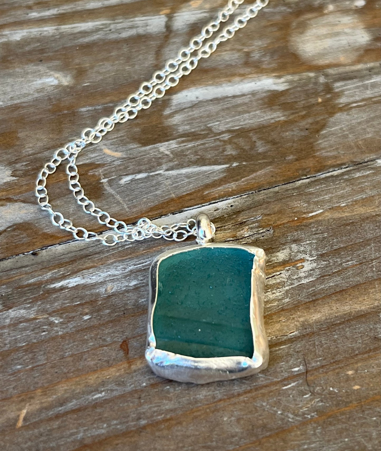 Coastal Collection - Large teal blue sea glass pendant in recycled silver.